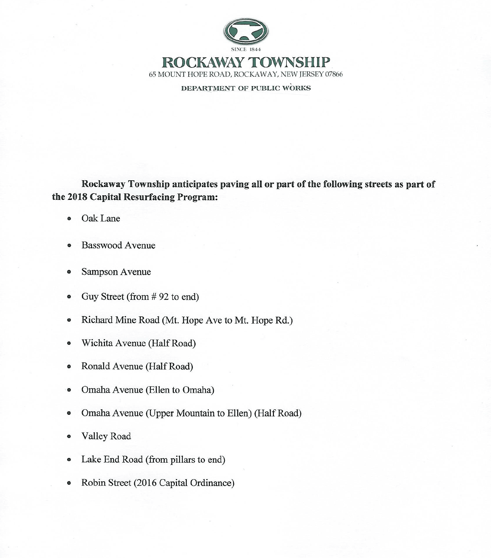 Anticipated Paving 2018